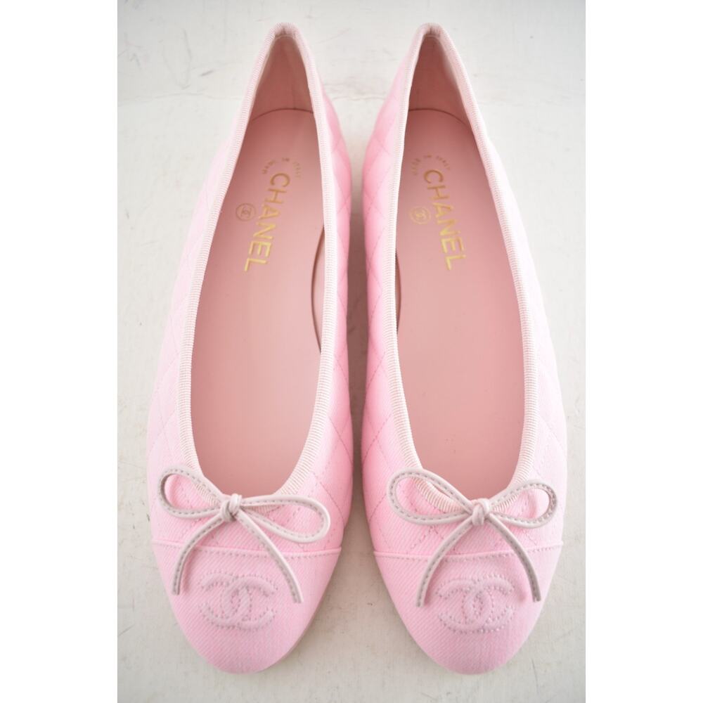 Chanel 26P Light Pink Denim Quilted CC Logo Bow Tie Ballet Ballerina Flat 38 - Picture 11 of 16